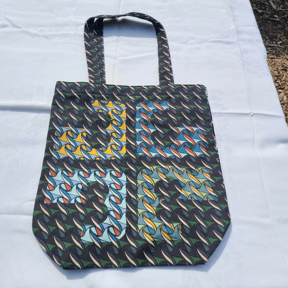 Tory Burch Canvas Tote CURLY RIBBON Swan Design on reverse side 14” x 13”
